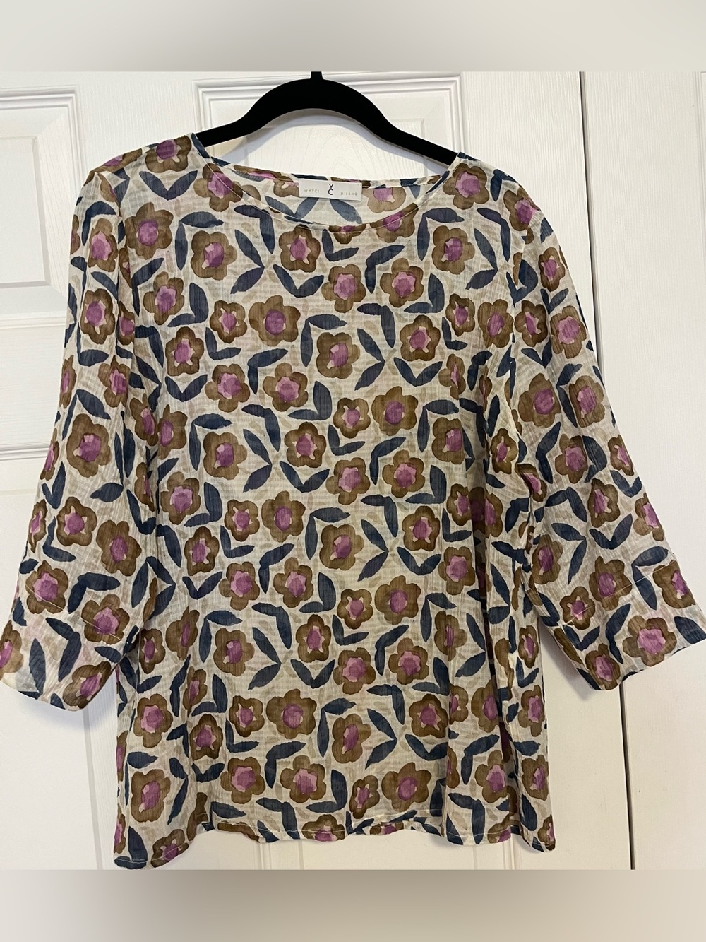 Boatneck Floral Blouse in Beige, Blue & Purple